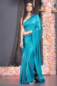 teal blue lurex georgette saree with border