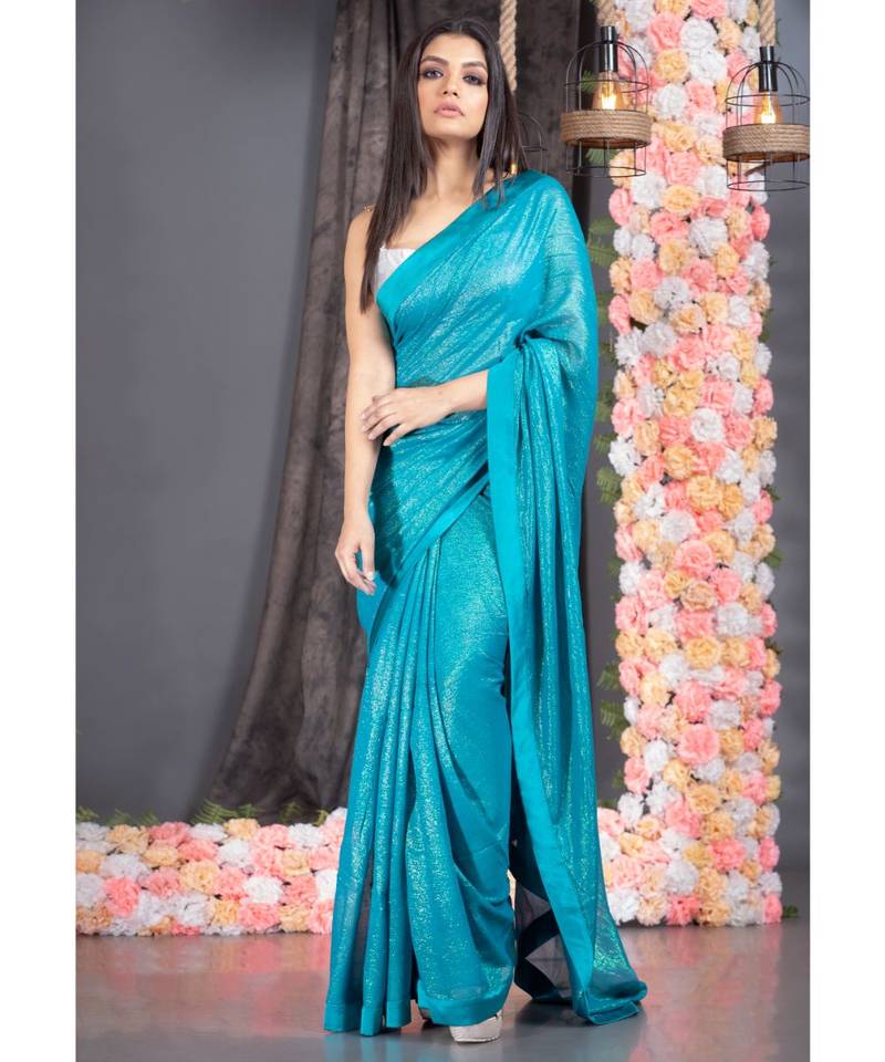 teal blue lurex georgette saree with border