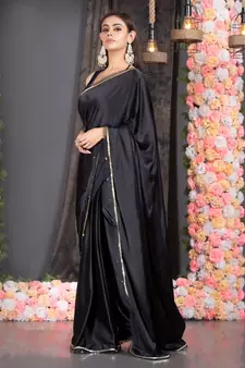 black satin saree with embroidered border