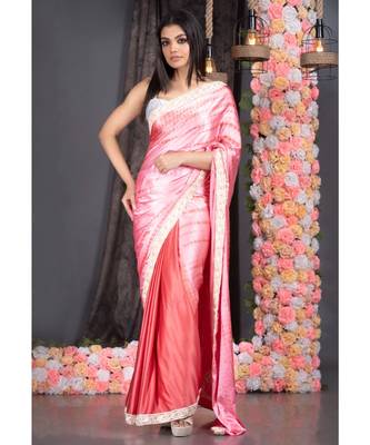 pink with red shibori satin saree with pearl embroidered lace border 1