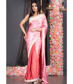 pink with red shibori satin saree with pearl embroidered lace border