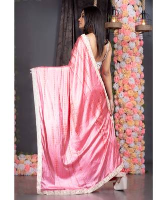 pink with red shibori satin saree with pearl embroidered lace border 3