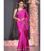 Magenta Satin Border Embroidered Plain Saree
