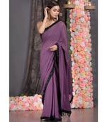 purple pure georgette hand embroidered black lace with fringes on pallu