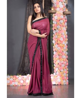 burgundy pure georgette hand embroidered black lace with fringes on pallu 1