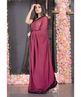 burgundy pure georgette hand embroidered black lace with fringes on pallu 2
