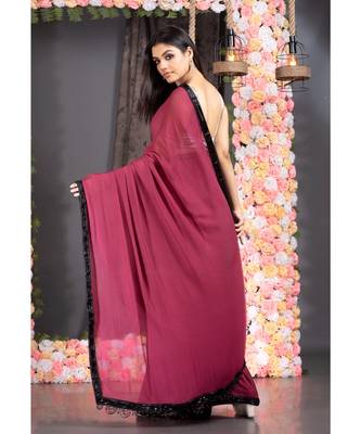 burgundy pure georgette hand embroidered black lace with fringes on pallu 3