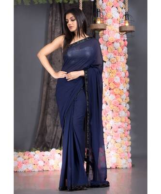 navy blue pure georgette hand embroidered black lace with fringes on pallu 1