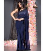 navy blue pure georgette hand embroidered black lace with fringes on pallu