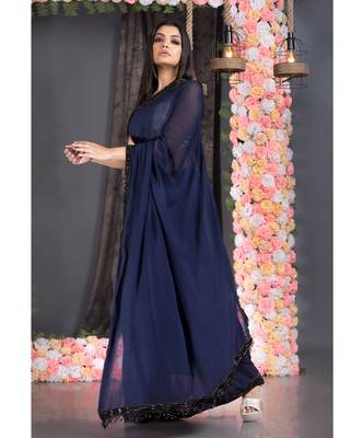 navy blue pure georgette hand embroidered black lace with fringes on pallu 2
