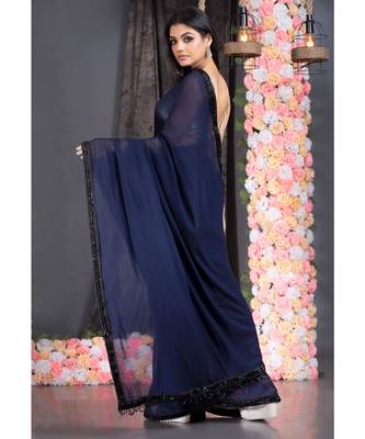 navy blue pure georgette hand embroidered black lace with fringes on pallu 3