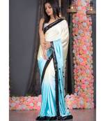 lime yellow and aqua blue ombre satin saree with sequin lace border and handmade rosette pallu