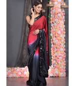 red and black ombre satin saree with sequin lace border and handmade rosette pallu