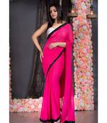 hot pink pure georgette hand embroidered black lace with fringes on pallu