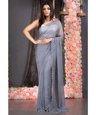 grey pure organza saree with scalloped border and hand embroidered semi precious stone work 1