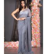 grey pure organza saree with scalloped border and hand embroidered semi precious stone work