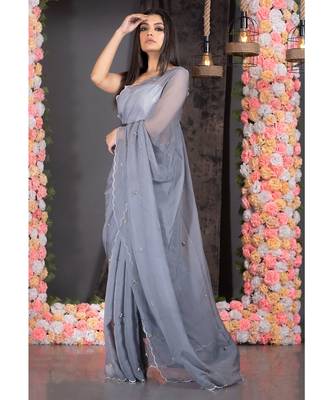 grey pure organza saree with scalloped border and hand embroidered semi precious stone work 2
