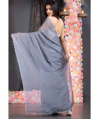 grey pure organza saree with scalloped border and hand embroidered semi precious stone work 3