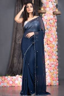 navy blue pure organza saree with scalloped border and hand embroidered semi precious stone work