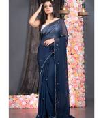 navy blue pure organza saree with scalloped border and hand embroidered semi precious stone work