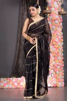 black organza saree with gota work and scallop border