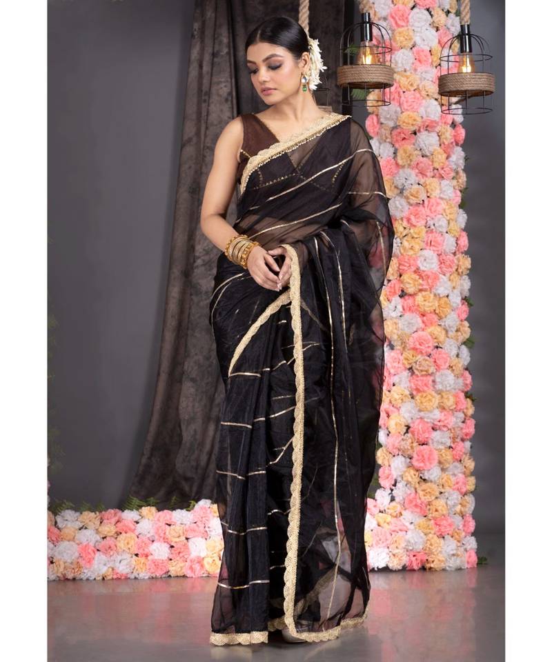 black organza saree with gota work and scallop border