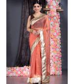 tangerine orange organza saree with gold gota border and fringe lace
