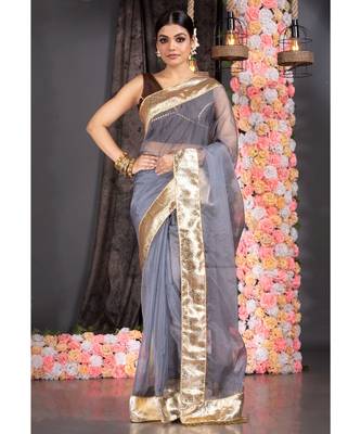 steel grey organza saree with gold gota border and  fringe lace 1