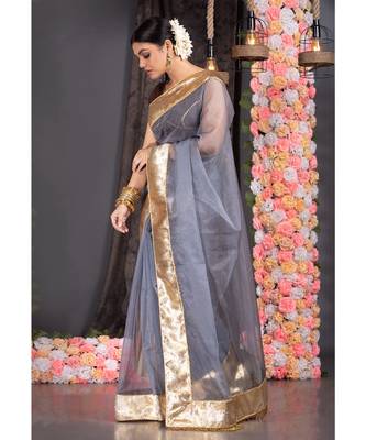 steel grey organza saree with gold gota border and  fringe lace 2