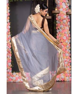 steel grey organza saree with gold gota border and  fringe lace 3