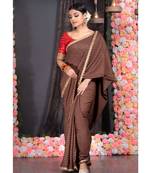 chocolate brown georgette saree with lurex gold stripes and scallop embroidered border