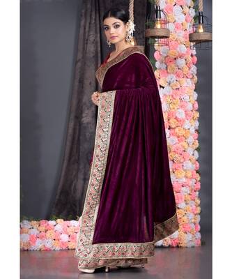 wine velvet saree with brocade banarasi border 1