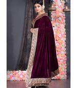 wine velvet saree with brocade banarasi border