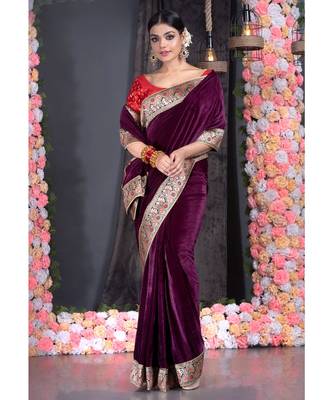 wine velvet saree with brocade banarasi border 2