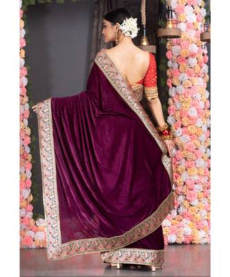 wine velvet saree with brocade banarasi border 3