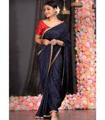 navy blue georgette saree with lurex gold stripes and scallop embroidered border
