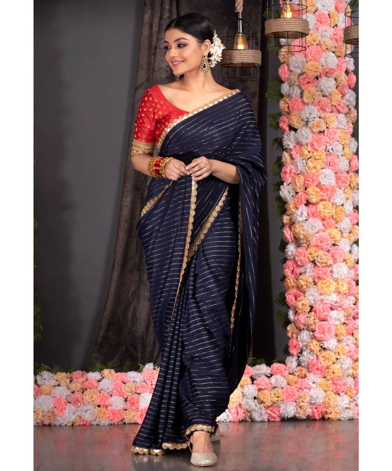 navy blue georgette saree with lurex gold stripes and scallop embroidered border