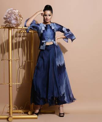 Navy Abstract Print Peplum With Pant 3