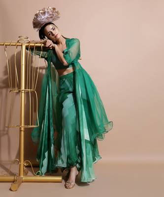 Green Abstract Pant Set With Cape 2