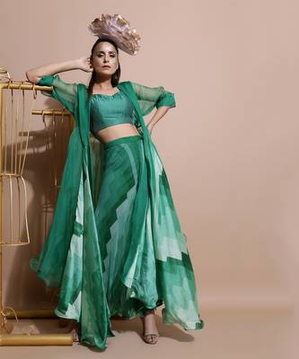 Green Abstract Pant Set With Cape 1
