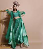 Green Abstract Pant Set With Cape
