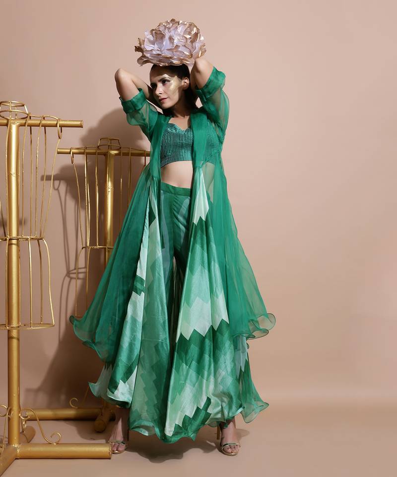 Green Abstract Pant Set With Cape