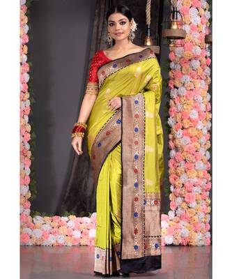sheen green pure katan silk saree with black multi color border and pallu 1