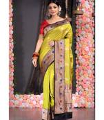sheen green pure katan silk saree with black multi color border and pallu