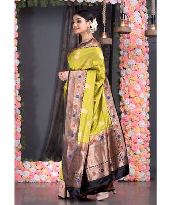 sheen green pure katan silk saree with black multi color border and pallu 2