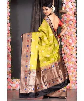 sheen green pure katan silk saree with black multi color border and pallu 3