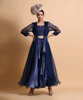 Navy Blue Abstract Pant Set With Cape 1
