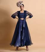 Navy Blue Abstract Pant Set With Cape