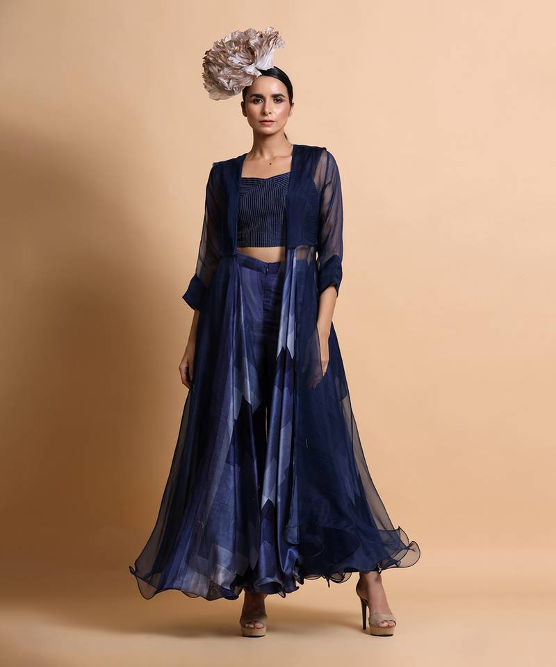 Navy Blue Abstract Pant Set With Cape