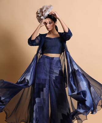 Navy Blue Abstract Pant Set With Cape 3
